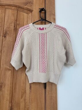 Cream Knit Short-Sleeve Sweater with Pink Detail